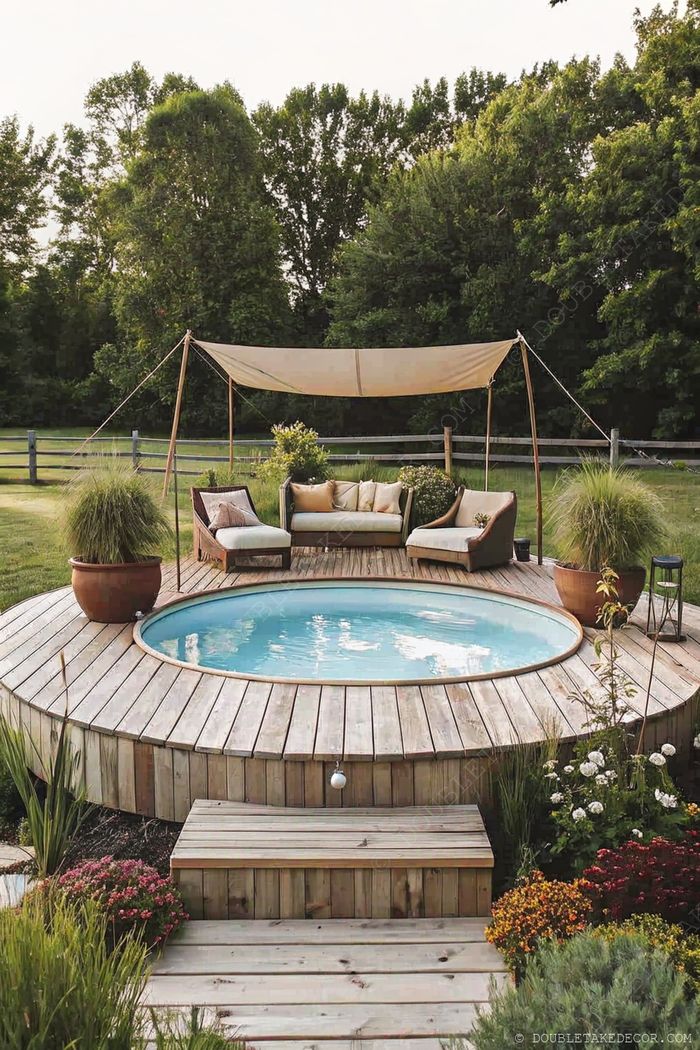 A circular hot tub surrounded by wooden decking, complemented by comfortable seating under a fabric canopy and decorative planters with lush greenery.