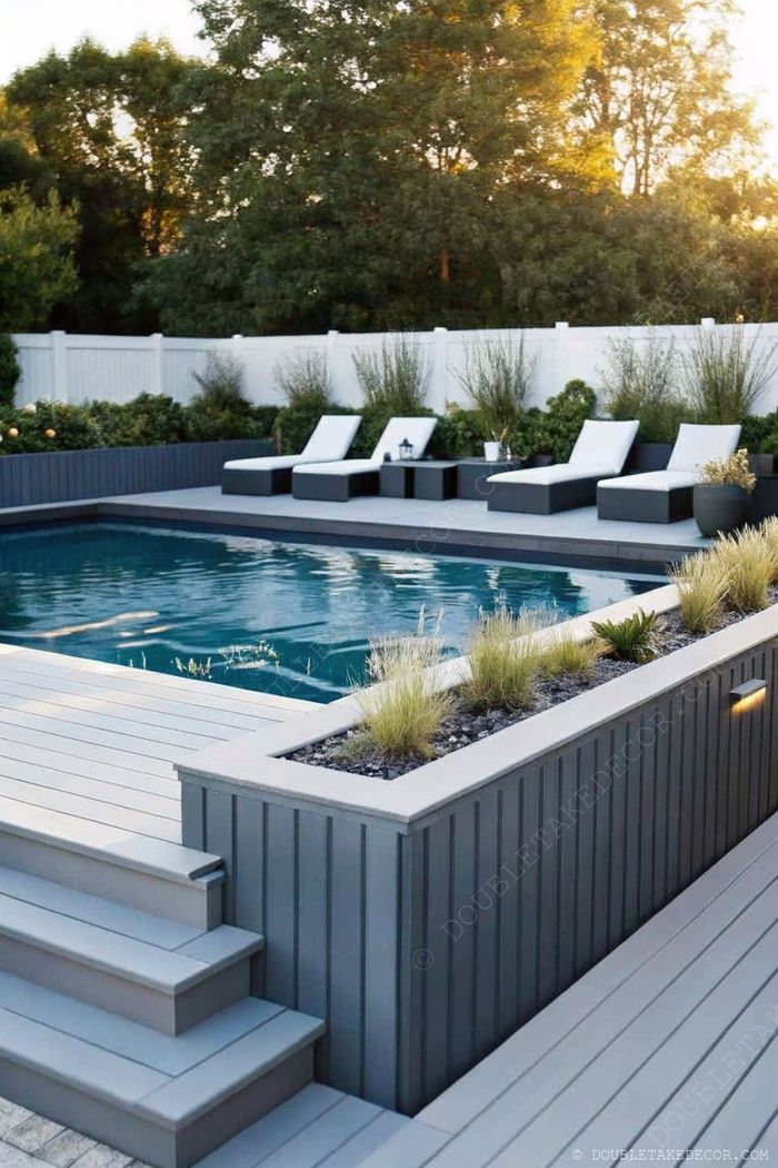 Sleek above ground pool with gray decking, white loungers, and greenery in planters, enclosed by elegant white fencing.