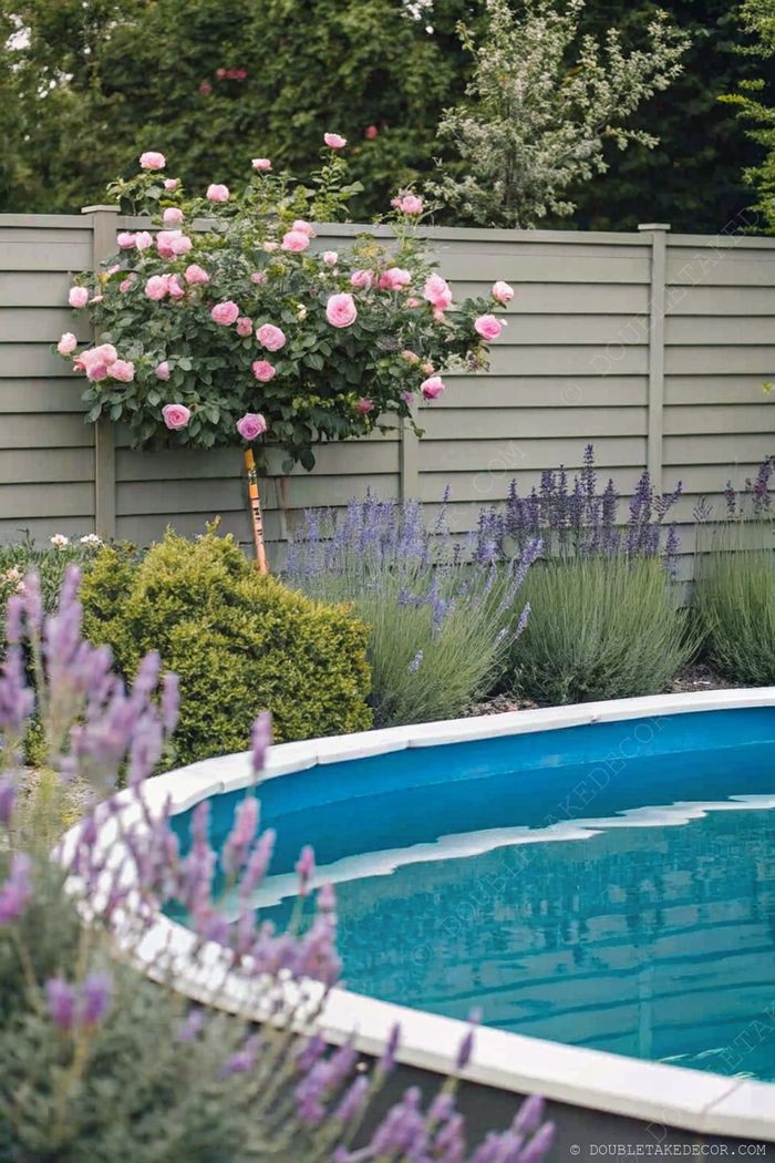 Serene above ground pool surrounded by lush gardens, pink roses, lavender clusters, and neatly trimmed bushes creating a tranquil outdoor oasis.