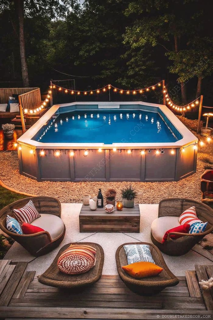 Rectangular pool surrounded by glowing string lights, with modern wicker chairs and a rustic coffee table creating an elegant outdoor oasis.