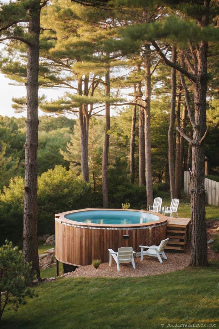 Circular wooden hot tub surrounded by pine trees with white lounge chairs and wooden stairs, creating a tranquil natural retreat.
