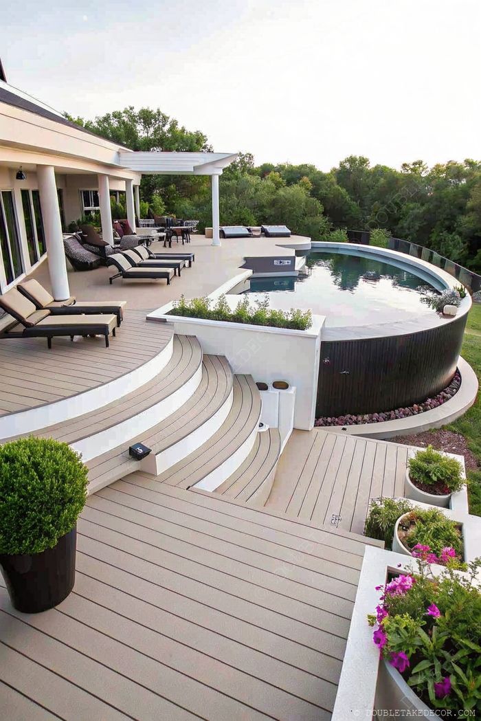Stylish outdoor deck with curved steps leading to a circular pool, surrounded by lounge chairs and lush landscaping.