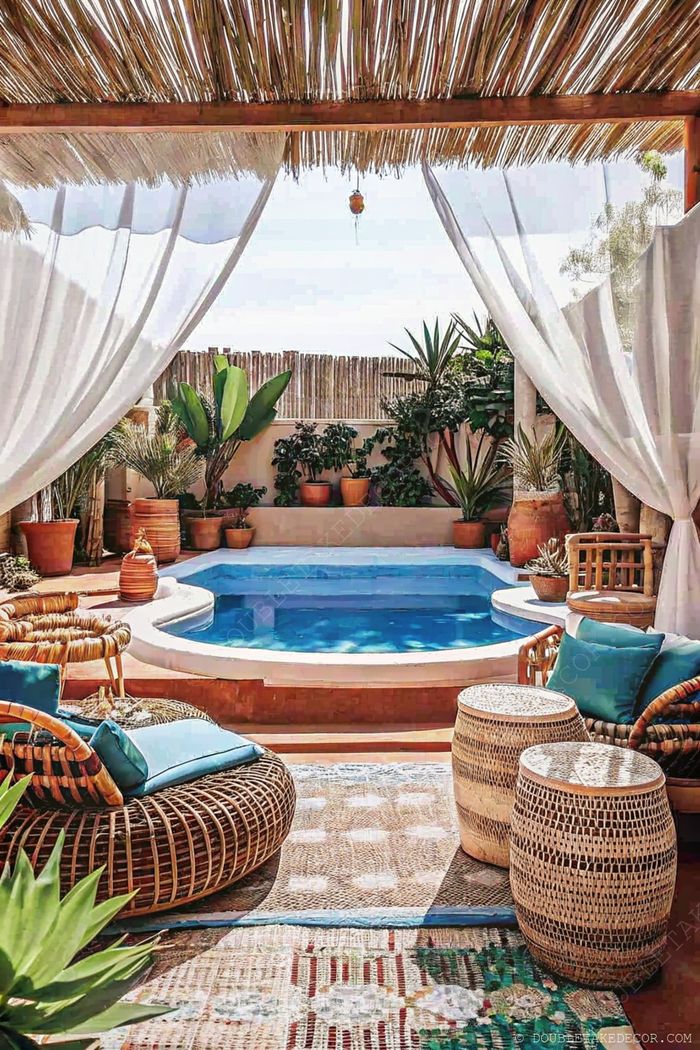 Small above ground pool under a straw roof with woven furniture, blue cushions, and tropical plants creating a serene outdoor oasis.