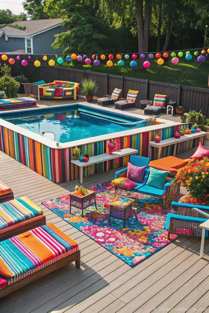Lively outdoor pool area with striped walls, colorful lounge chairs, eclectic furniture, and floating lanterns creating a cheerful backyard retreat.