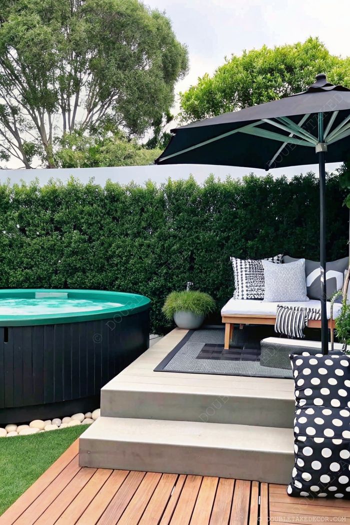 Elegant outdoor space featuring a teal hot tub surrounded by greenery, alongside a modern white sofa with patterned cushions under a black umbrella.