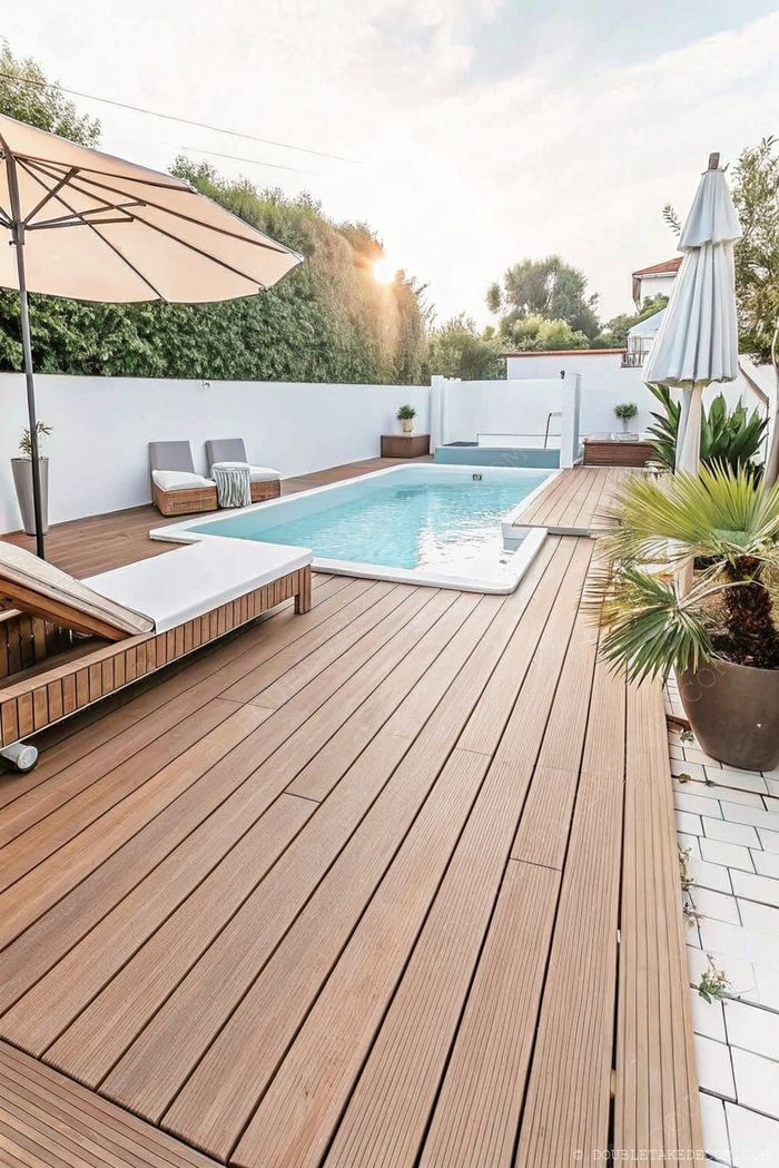Serene outdoor space with wooden deck, rectangular pool, lounge chairs under umbrella, and tropical plants creating a luxurious retreat.