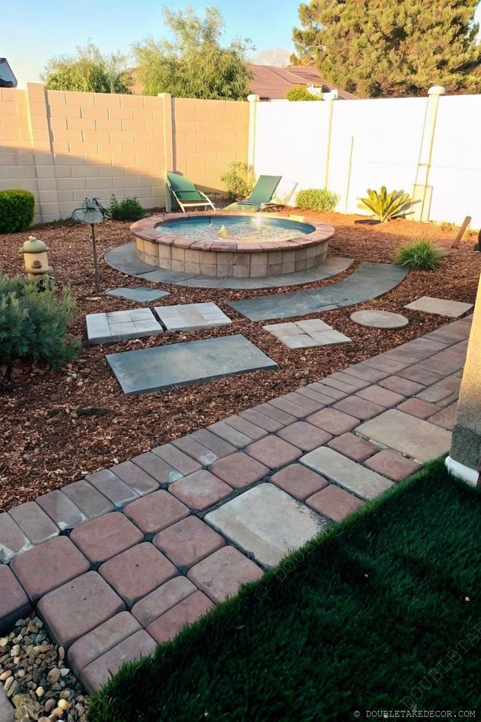 Landscaped backyard with circular stone fire pit, stepping stones, green lounge chairs and decorative wood chips creating an inviting outdoor space.