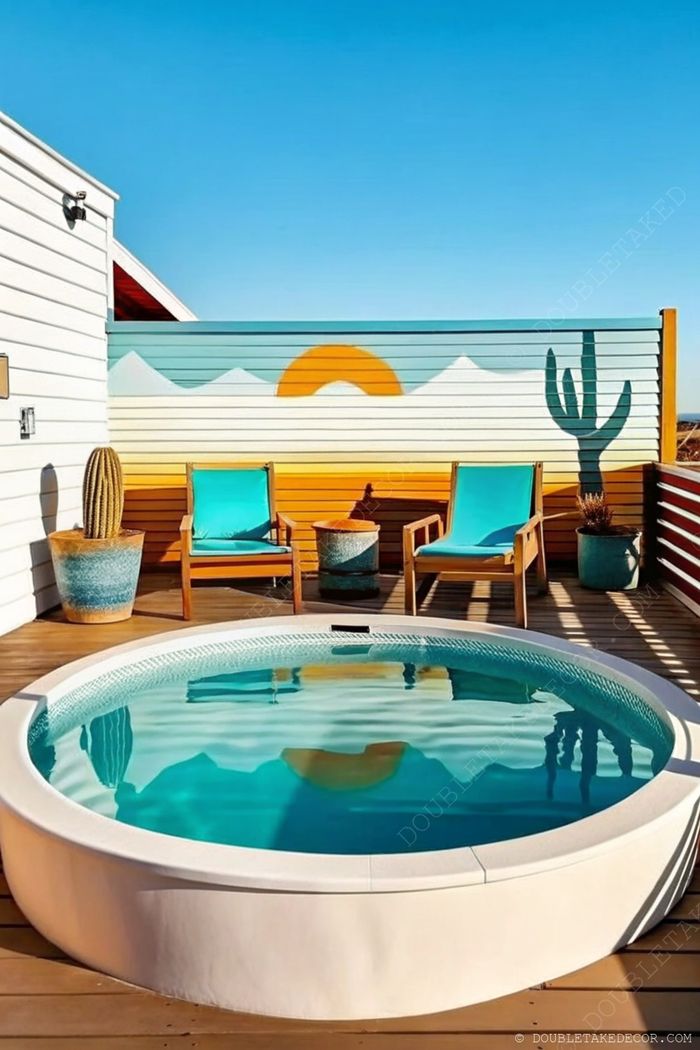 A circular hot tub on wooden decking with desert cactus, turquoise cushioned chairs, and colorful mountain mural backdrop.