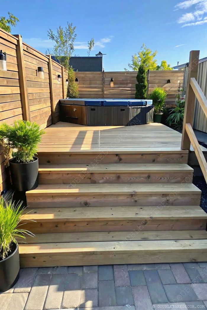 Wooden deck with hot tub, potted plants flanking wide stairs, privacy fence, and ambient lighting creating a relaxing outdoor retreat.