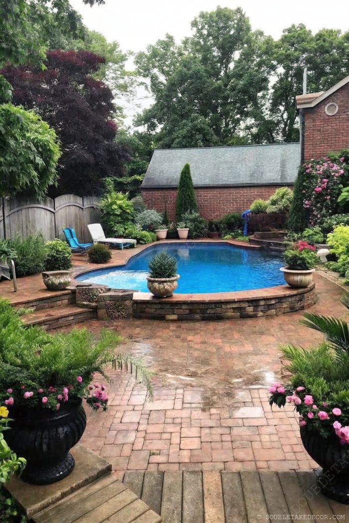 Serene backyard pool with stone and brick edging surrounded by lush greenery and complemented by decorative planters.