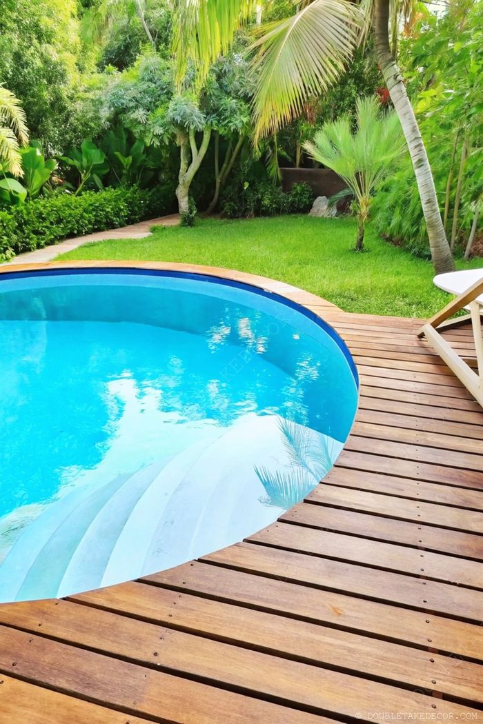 Serene circular swimming pool surrounded by wooden deck and tropical plants, creating a natural backyard oasis perfect for relaxation.