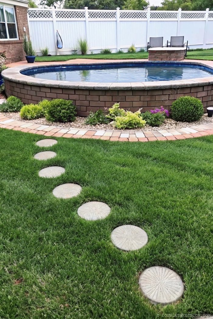 Backyard landscape with circular stepping stones leading to an oval pool, surrounded by vibrant flower beds and a white privacy fence.