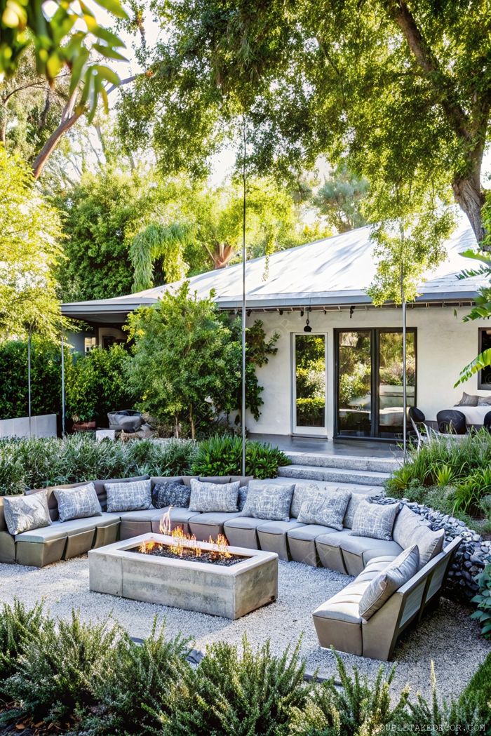 Curved sectional sofa with decorative cushions around a modern fire pit, surrounded by lush greenery and gravel, adjacent to contemporary home with glass doors