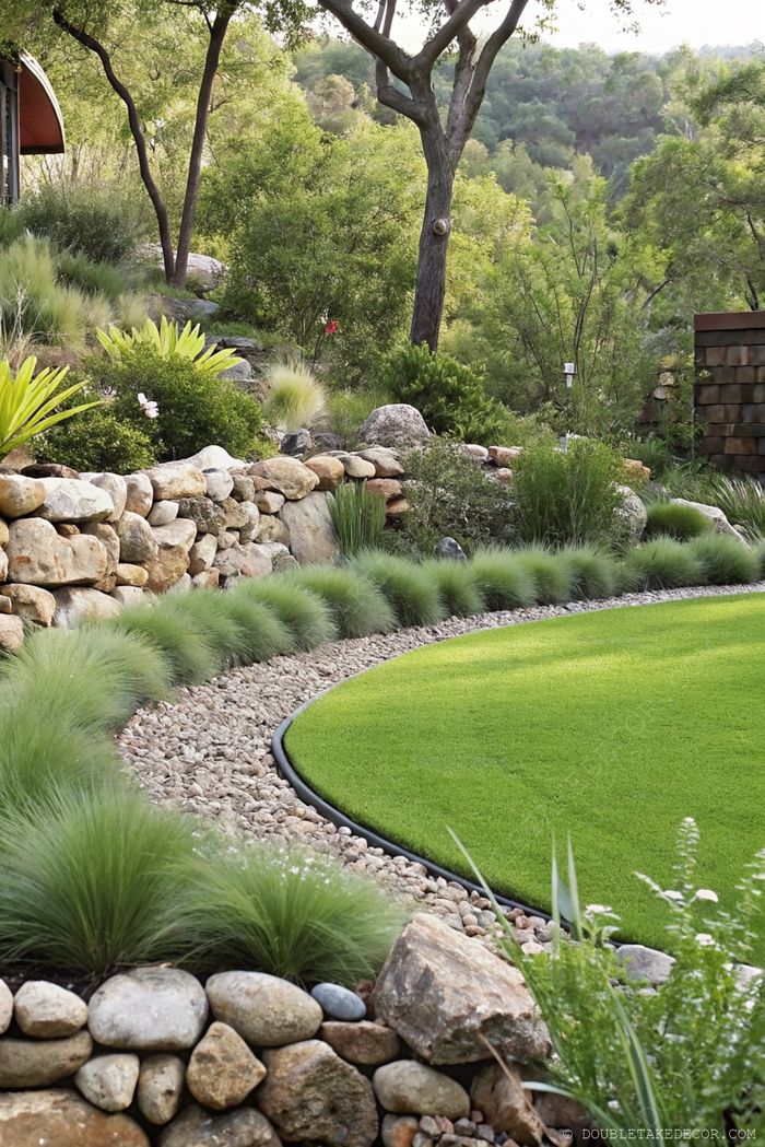 Landscaped garden with stone-lined winding pathway, artificial lawn, ornamental grasses, and rustic stone wall
