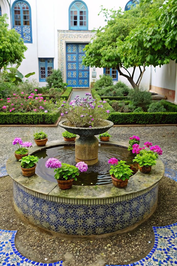 Tranquil courtyard garden with circular stone fountain surrounded by pink flowers, white building with blue windows in background