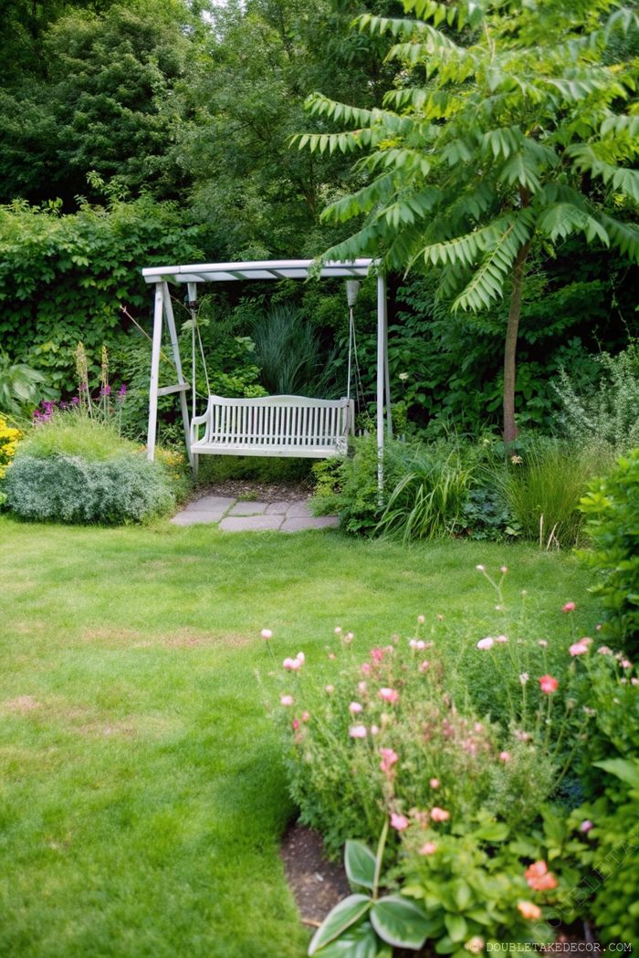 White swinging bench under a simple canopy, surrounded by vibrant flowers and lush greenery with stone pathways in a serene backyard setting.