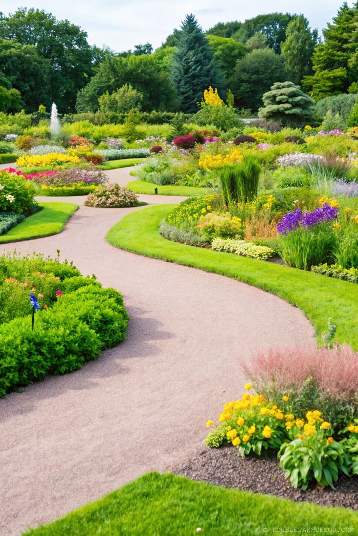 A gravel pathway curves through a lush garden filled with colorful yellow, purple, and pink flowers, bordered by manicured bushes and a fountain.