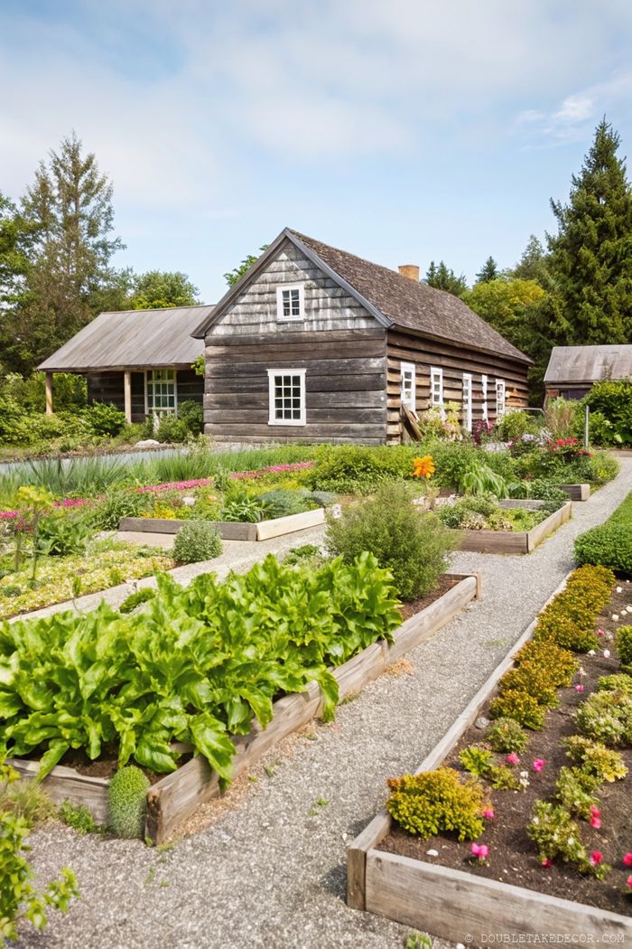 Charming log cabin with weathered exterior surrounded by lush garden beds filled with vibrant flowers and greenery, connected by gravel pathways.