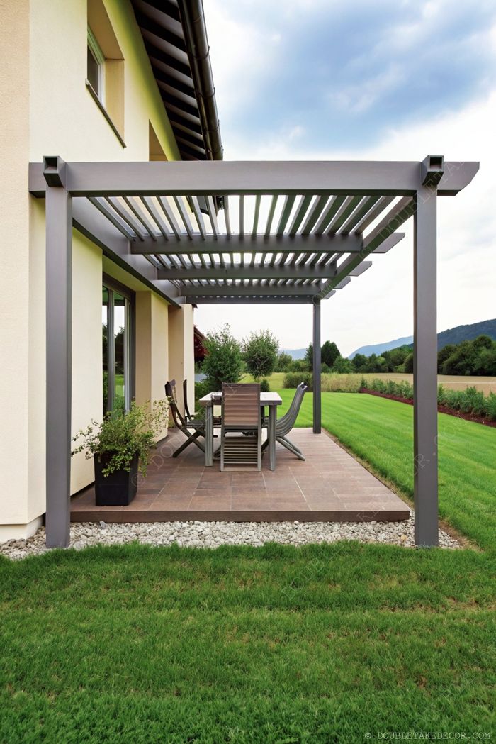 Sleek pergola with horizontal slats over elegant outdoor dining furniture on tiled patio, surrounded by lush green lawn and scenic hills