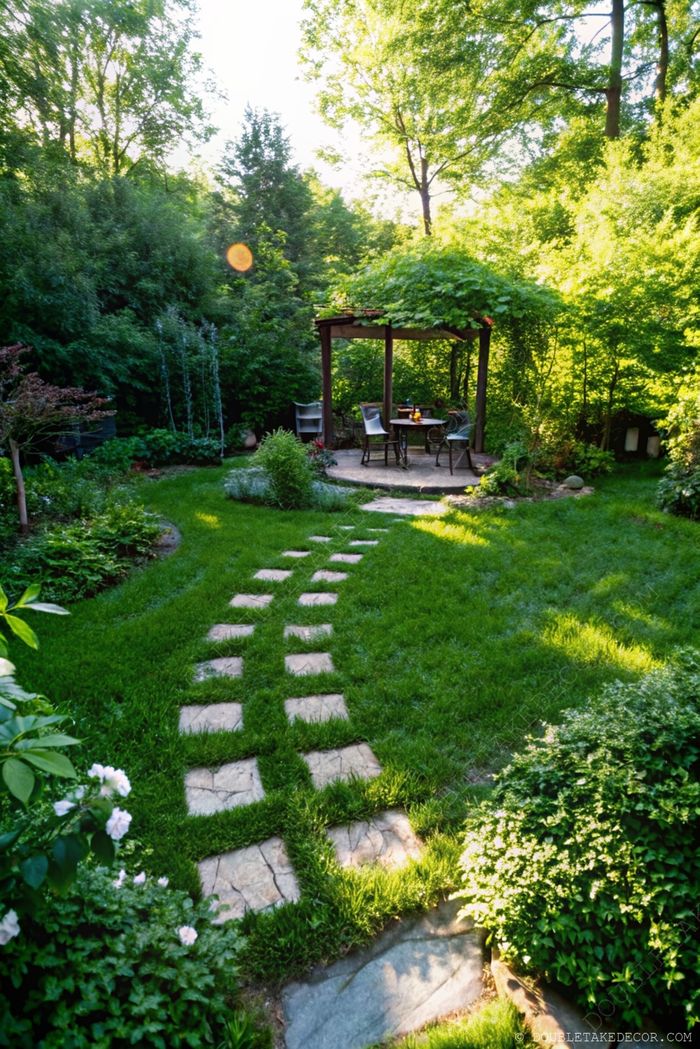 Winding stone path through lush grass leading to a pergola with climbing plants over outdoor seating area, surrounded by vibrant greenery.