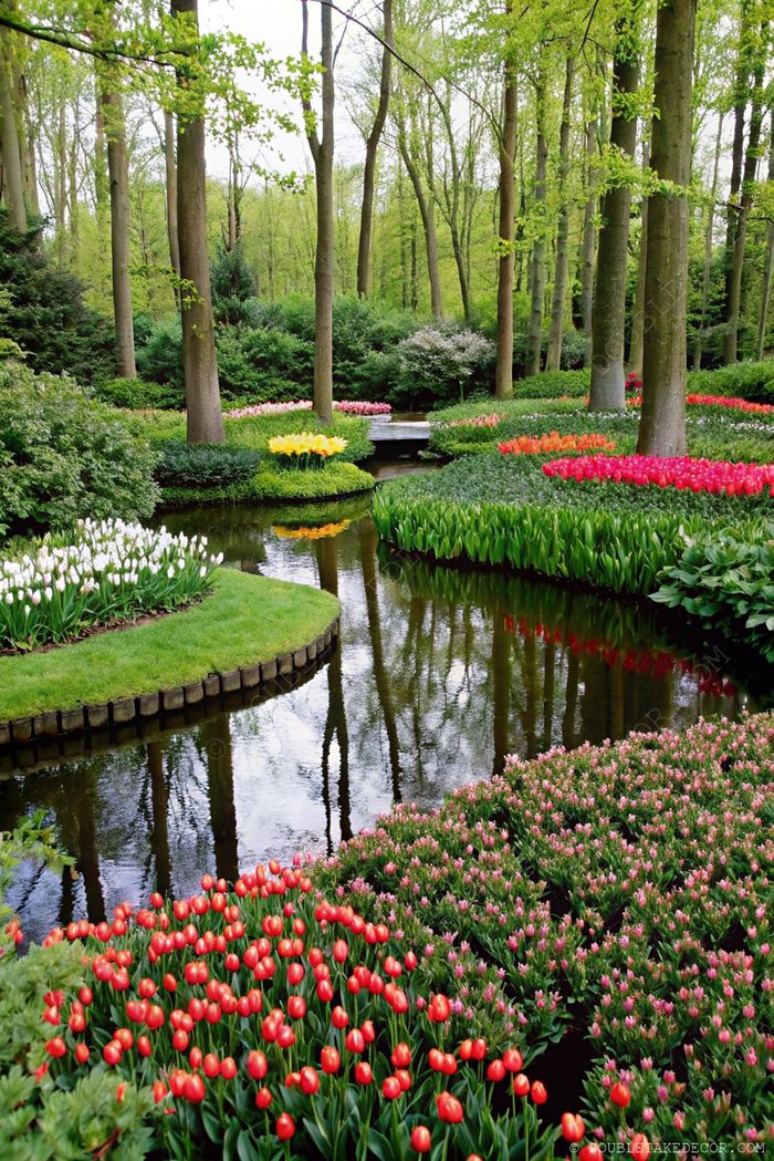 Colorful tulips in curved beds beside reflective water, surrounded by tall trees creating a serene backyard landscape design