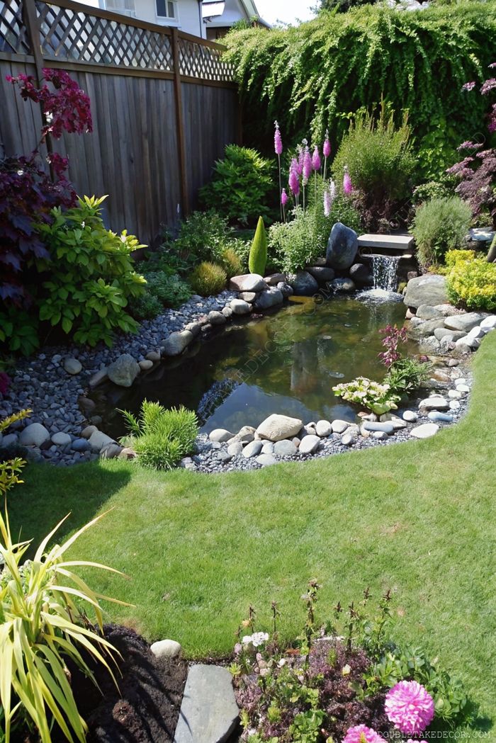 Landscaped garden with tranquil pond surrounded by stones, vibrant flowers, and flowing waterfall amid lush greenery.