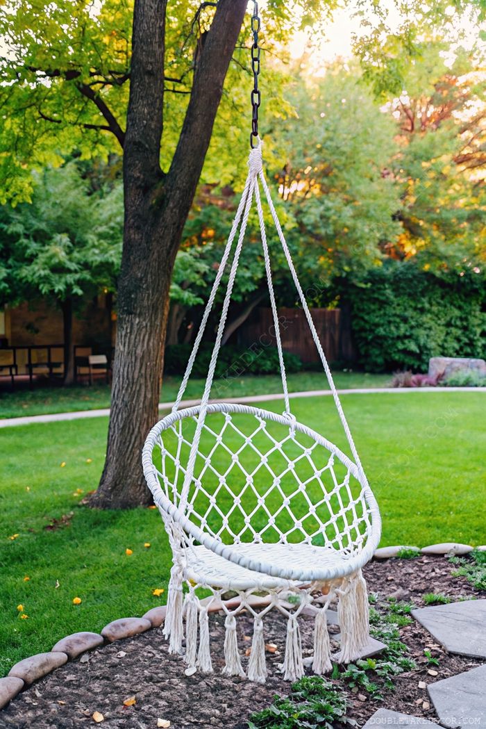 White macramé hanging chair suspended from a tree branch in a lush backyard with stone pathway and vibrant greenery
