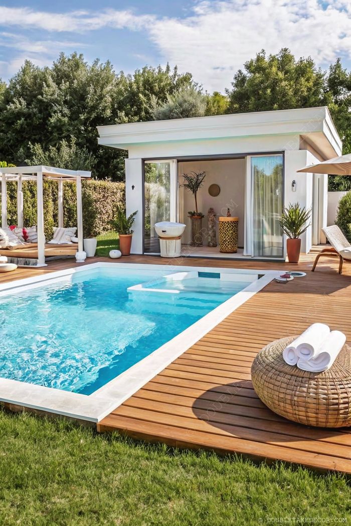 Elegant backyard retreat with rectangular pool, wooden deck, and contemporary guest house featuring glass doors and minimalist interior.