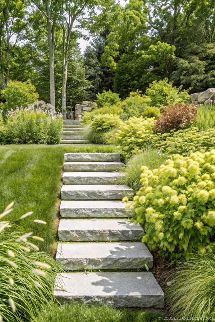 Stone steps winding through lush greenery with vibrant plants and trees creating a peaceful backyard landscape design.