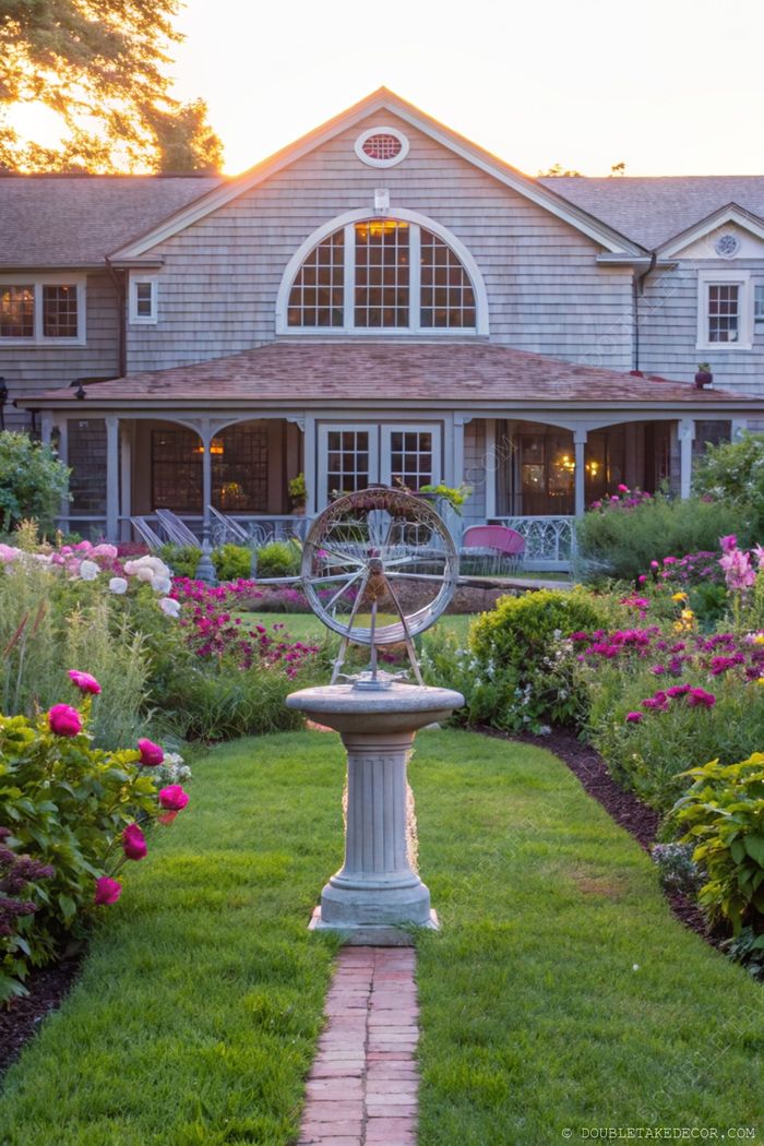 A picturesque garden with colorful flowers leading to a wooden home, featuring a unique wheel-structured birdbath on a brick pathway.