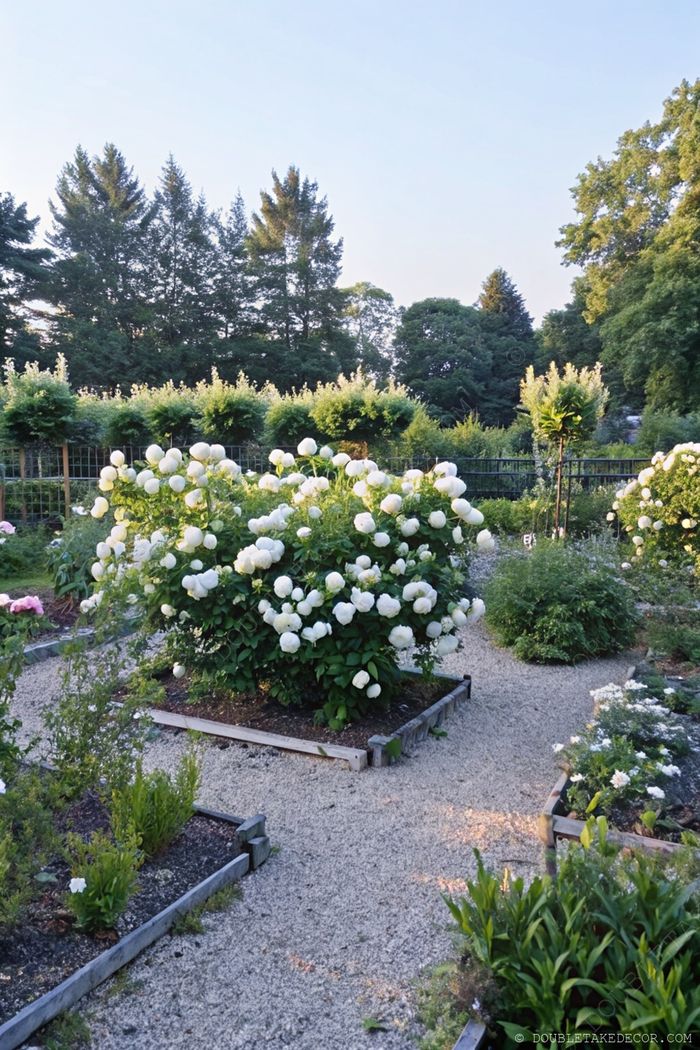 Beautifully landscaped garden featuring abundant white hydrangea blooms, gravel pathways, and pastel flowers amid lush greenery.
