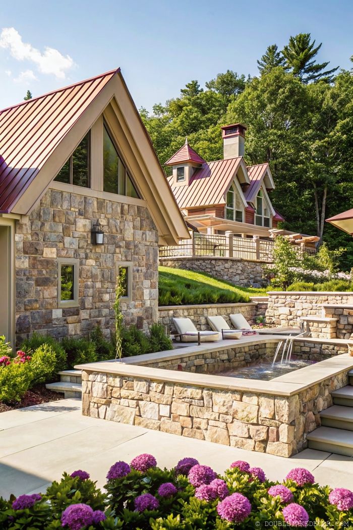Elegant outdoor space featuring a stone patio with hot tub, lounge chairs, pink flowers and stylish buildings with red roofs.