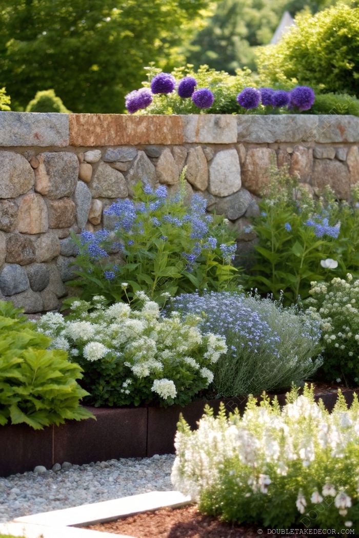 Beautifully landscaped garden with white and blue flowers against a rustic stone wall topped with purple blooms