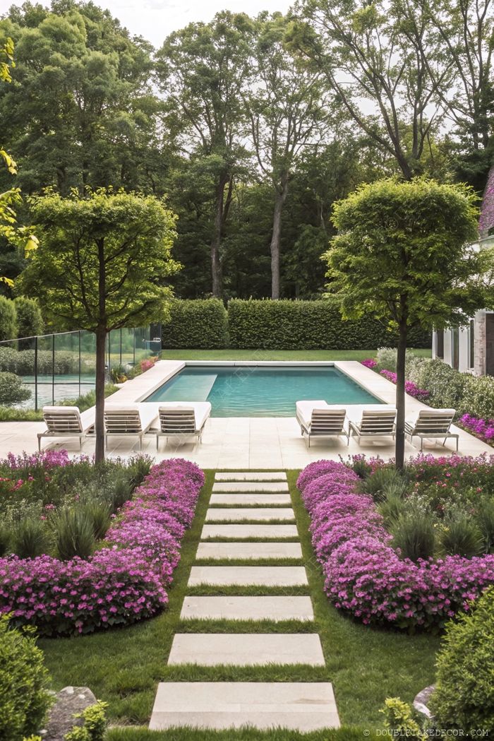 Stone pathway through green lawn and pink flowerbeds leading to a sunlit swimming pool with lounge chairs and privacy hedges