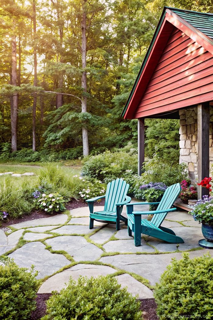 Teal Adirondack chairs on stone patio with grass patches, surrounded by lush greenery and a cozy red cabin backdrop.