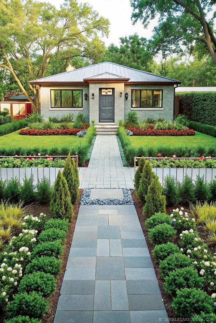 Contemporary gray brick house with metal roof, featuring stone pavers leading to a dark door surrounded by meticulously arranged gardens and greenery.