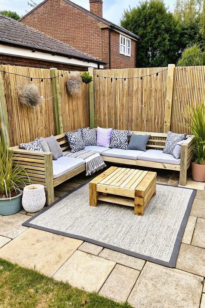 Cozy wooden sectional with colorful cushions, rustic coffee table, and privacy fence creates an intimate backyard retreat.