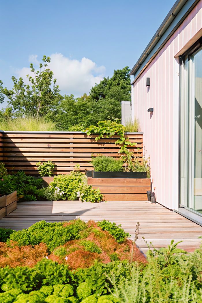 Wooden deck surrounded by lush plants with horizontal slat fencing providing privacy while maintaining an open feel