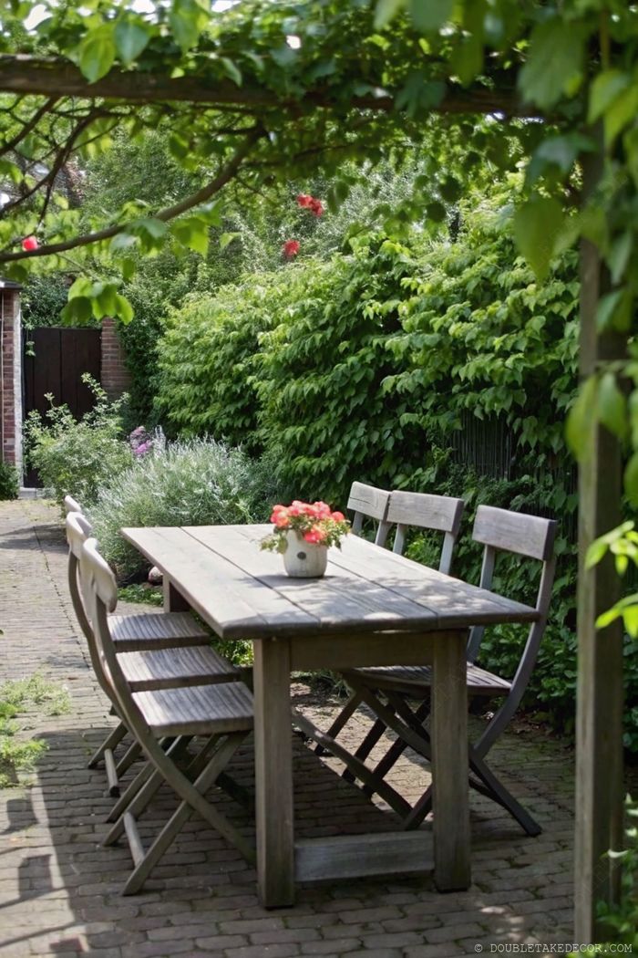 Rustic wooden table with folding chairs surrounded by dense garden foliage creating natural privacy for outdoor dining