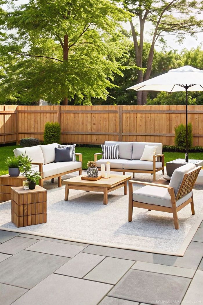 Cozy outdoor seating area with gray sofa, wooden armchairs, and natural privacy fence creating a secluded backyard retreat.