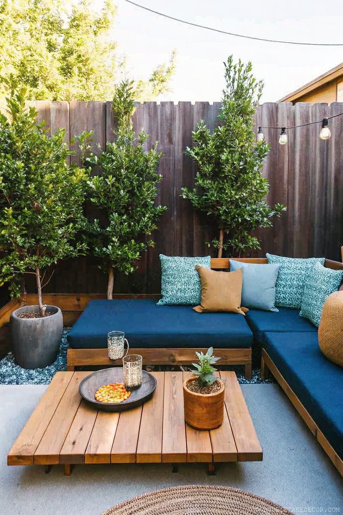 Private outdoor seating nook with navy cushions, wooden coffee table, and string lights creating a secluded backyard retreat