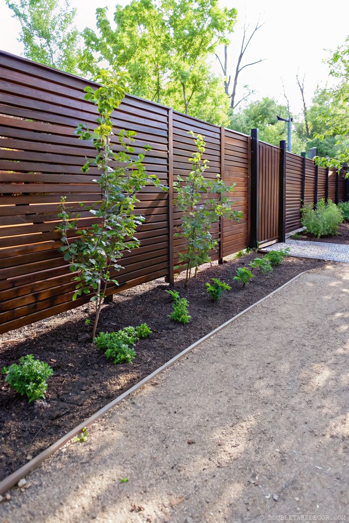 Contemporary wooden horizontal slat fence complemented by small trees and low shrubs creating a natural, private outdoor sanctuary.