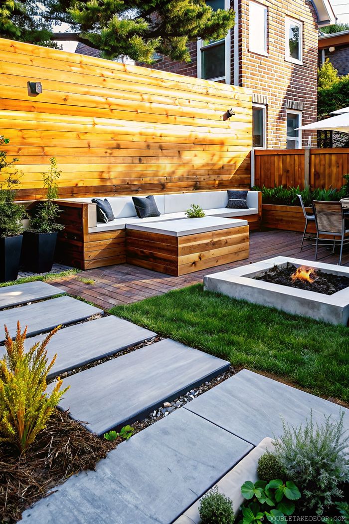 Stylish backyard retreat with wooden privacy panels, U-shaped seating, and concrete pavers for neighbor privacy