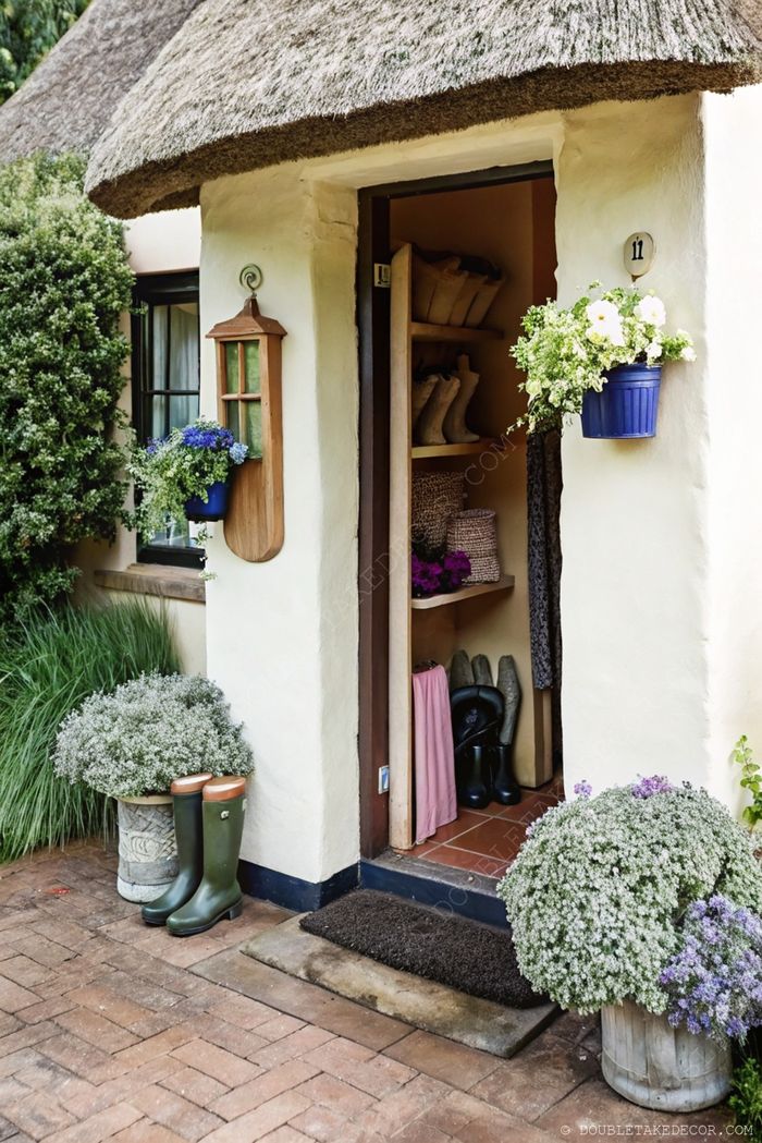 Entrée charmante de cottage au toit de chaume, porte ouverte, décorations florales, bottes vertes et étagère-lanterne rustique.