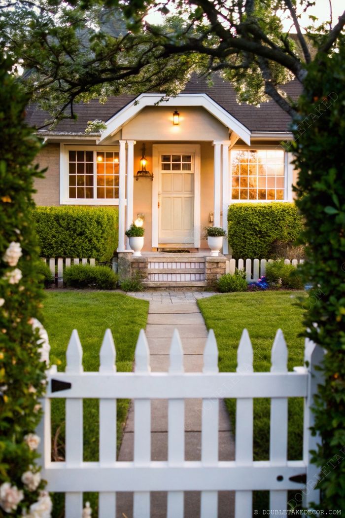 Cottage d’un étage avec colonnes blanches, porte vitrée et belle lanterne au-dessus du porche accueillant.