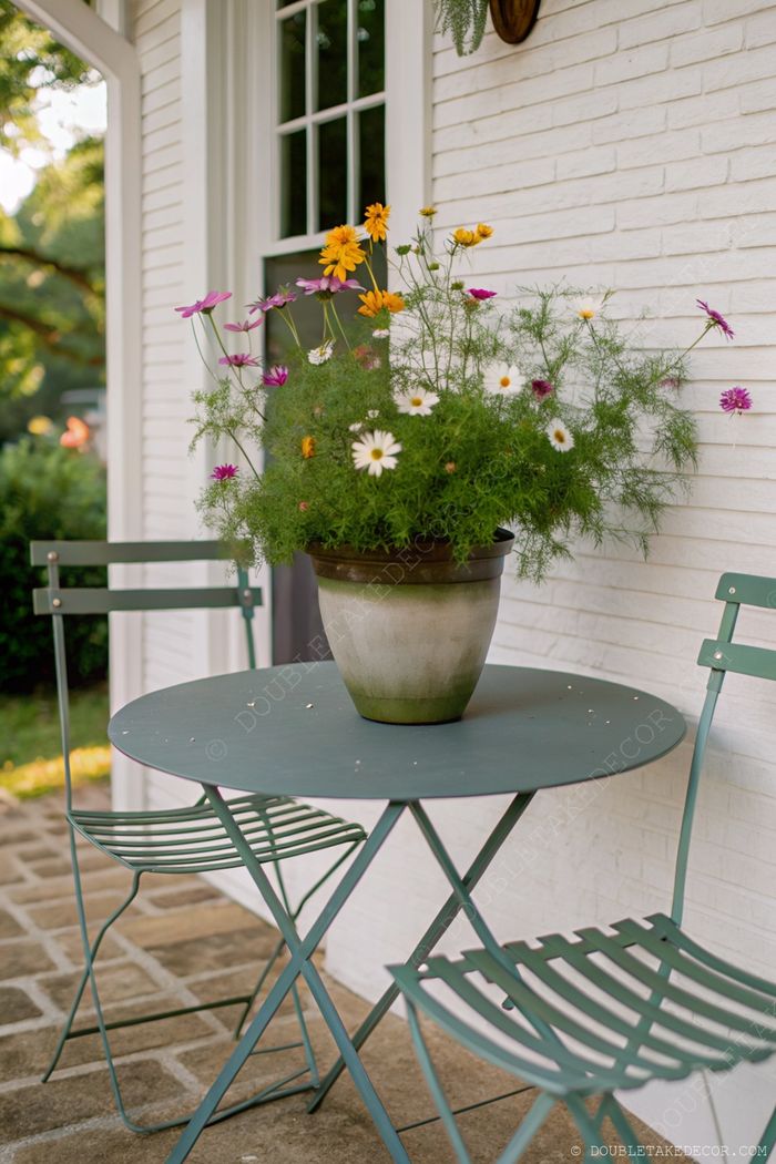 Coin terrasse cosy avec table ronde verte, chaises assorties et pots de fleurs colorés devant un mur de briques blanches.
