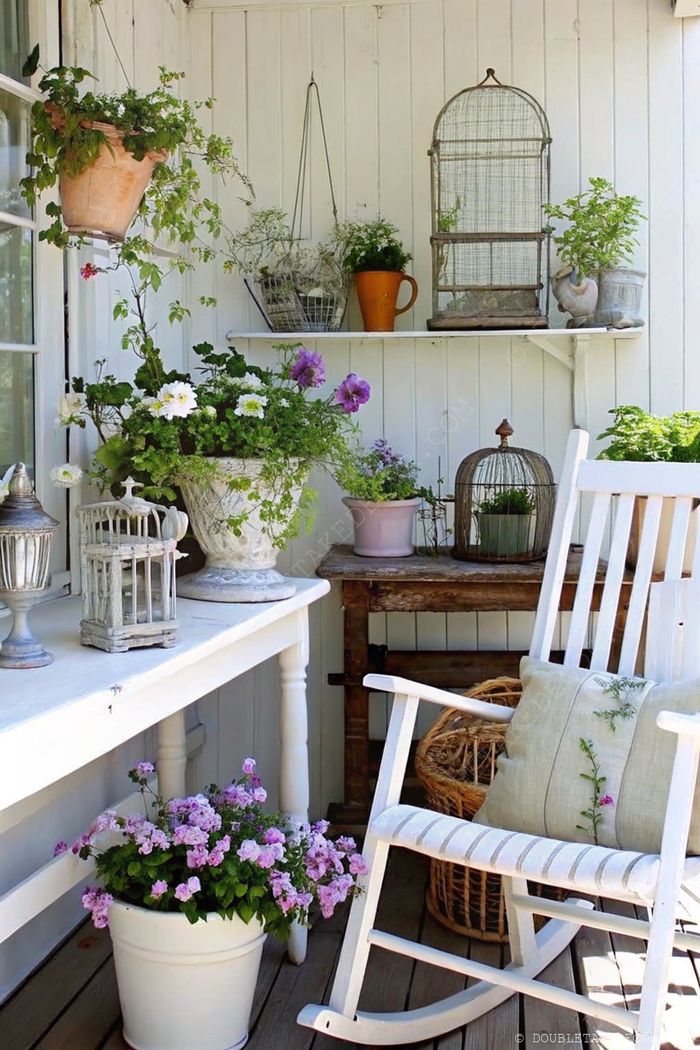 Fauteuil à bascule blanc avec coussin botanique, petite table rustique et entouré de fleurs en pot variées