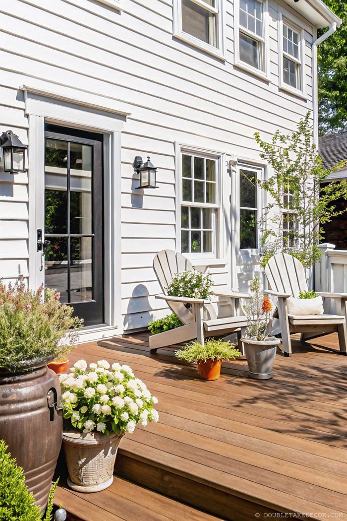Porche cosy avec deux fauteuils Adirondack clairs, entourés de jardinières de verdure et de fleurs blanches sur une terrasse en bois.