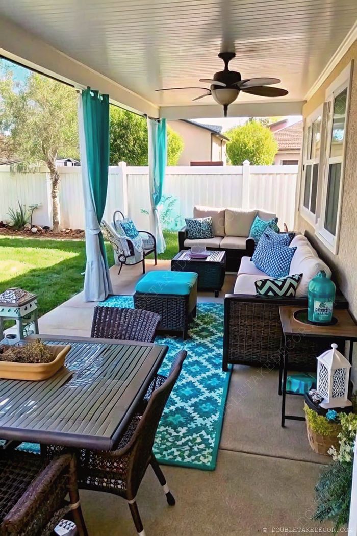 Porche accueillant avec canapé d’angle beige, touches turquoise, table et chaises en osier et rideaux pour une vraie pièce extérieure relaxante.