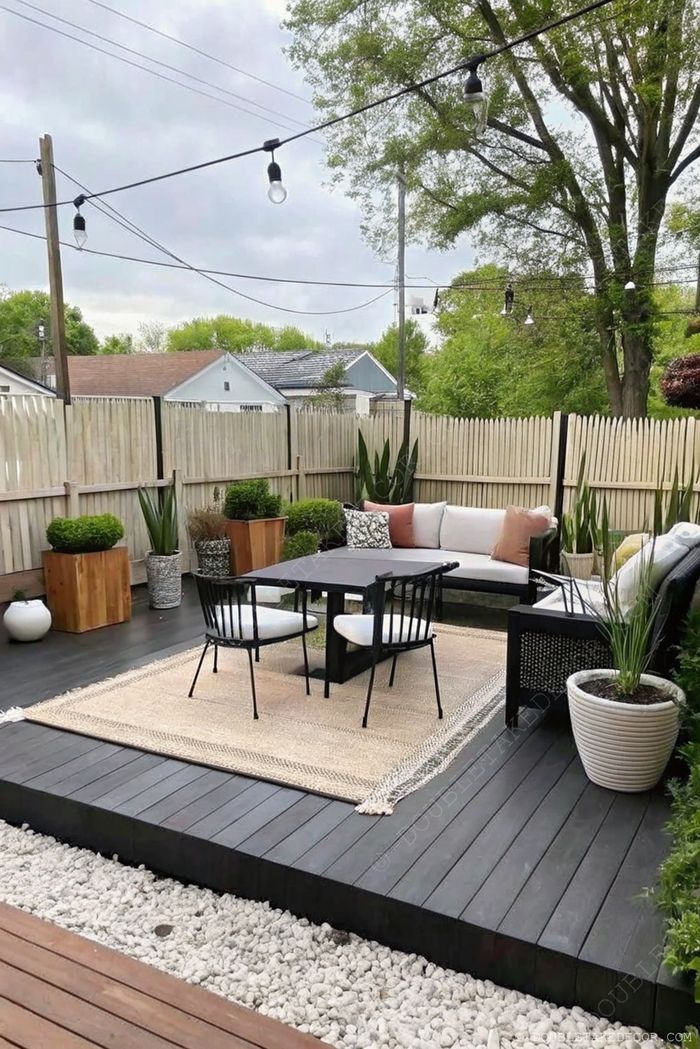 Terrasse moderne avec lames en bois sombre, bordures de gravier blanc, espace salon confortable et éclairage suspendu.